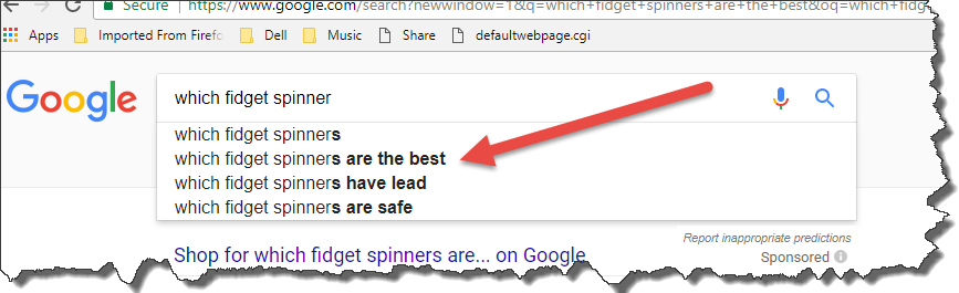 Google auto-suggest for "fidget spinners"